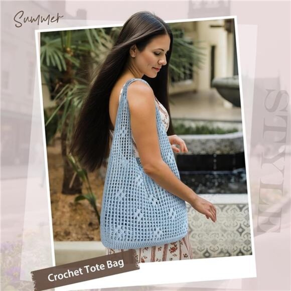 Crochet Tote Bag, Mesh Beach Bag Blue - Picture 7 of 7